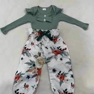 Floral 6-12 mo Baby Outfit - Green and White
